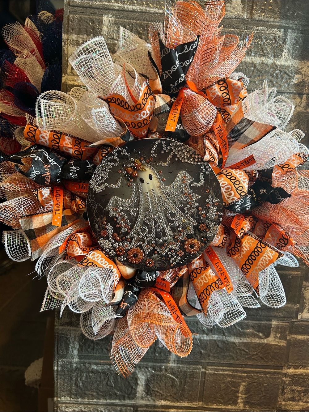Hand Crafted Orange & Black Halloween Ghost Wreath